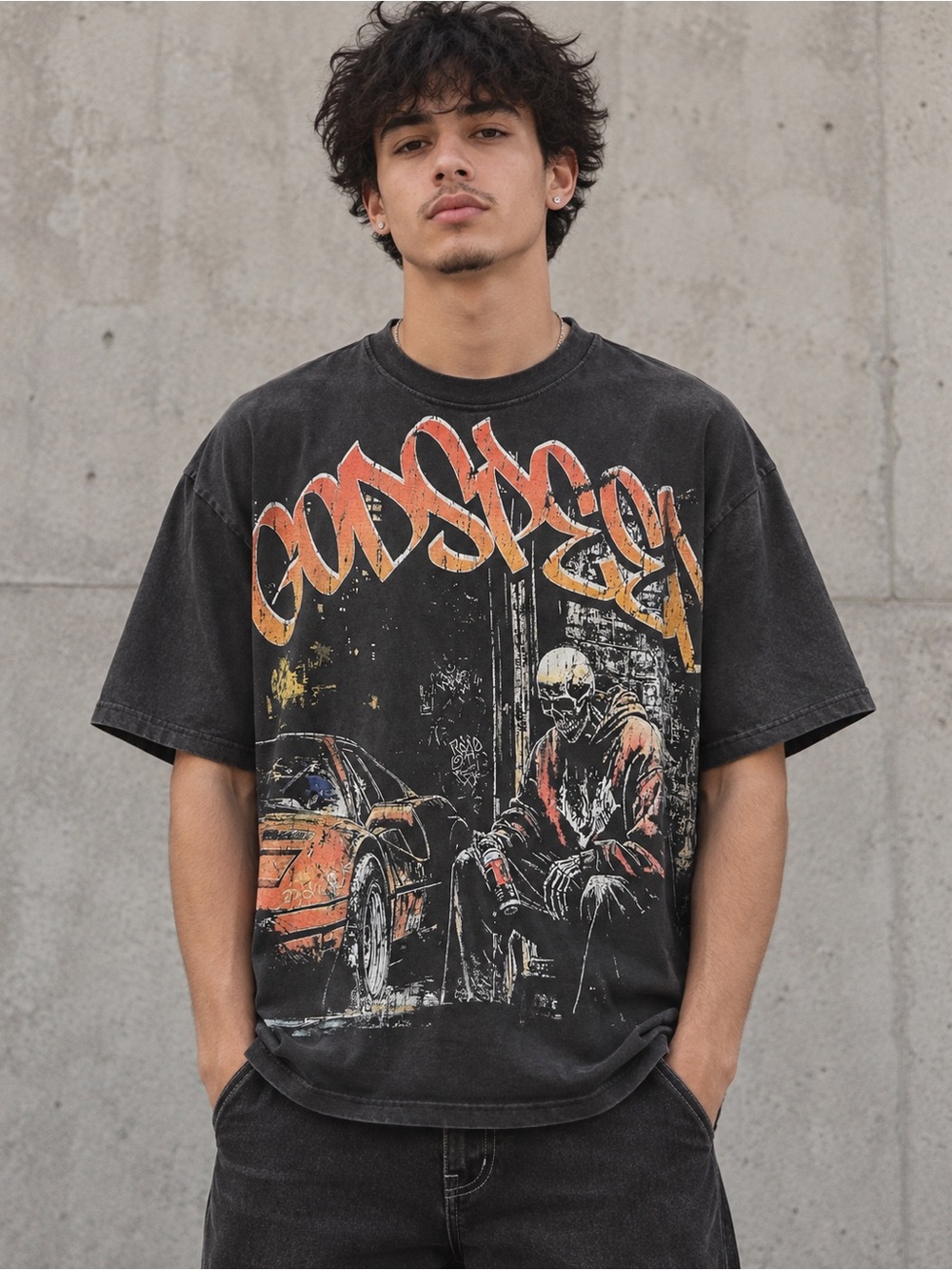 Black Short-Sleeve Graphic Tee with Orange Accent